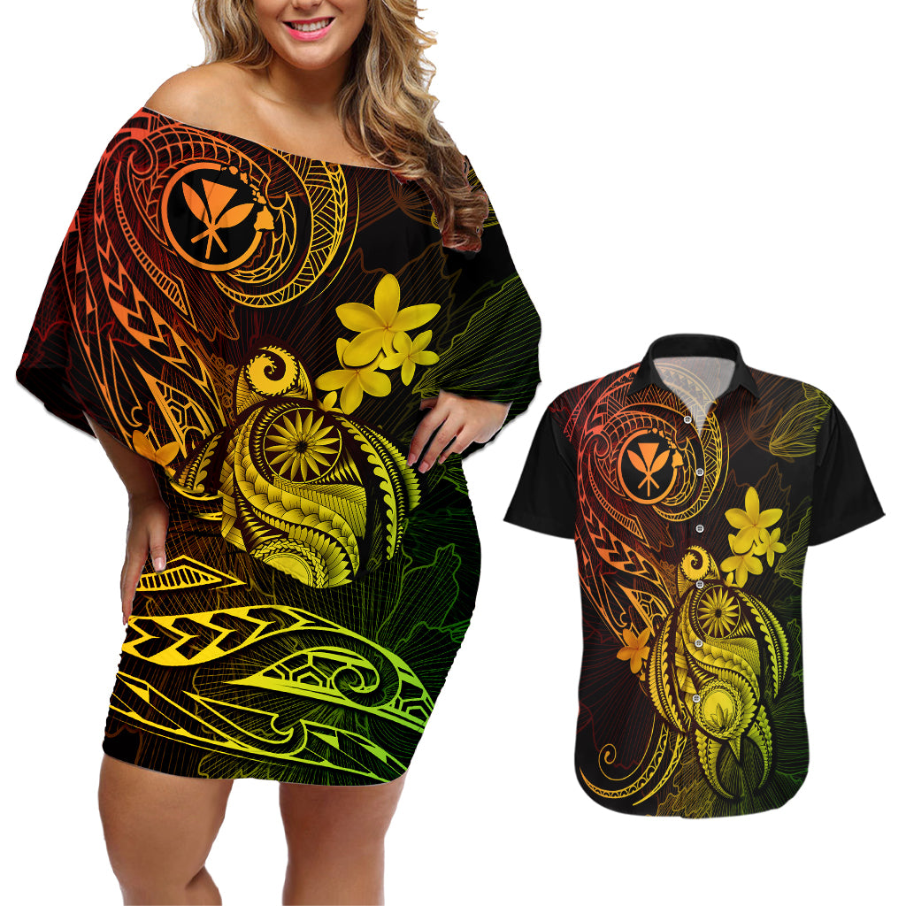 hawaii-couples-matching-off-shoulder-short-dress-and-hawaiian-shirt-turtle-mix-polynesian-plumeria-reggae-version