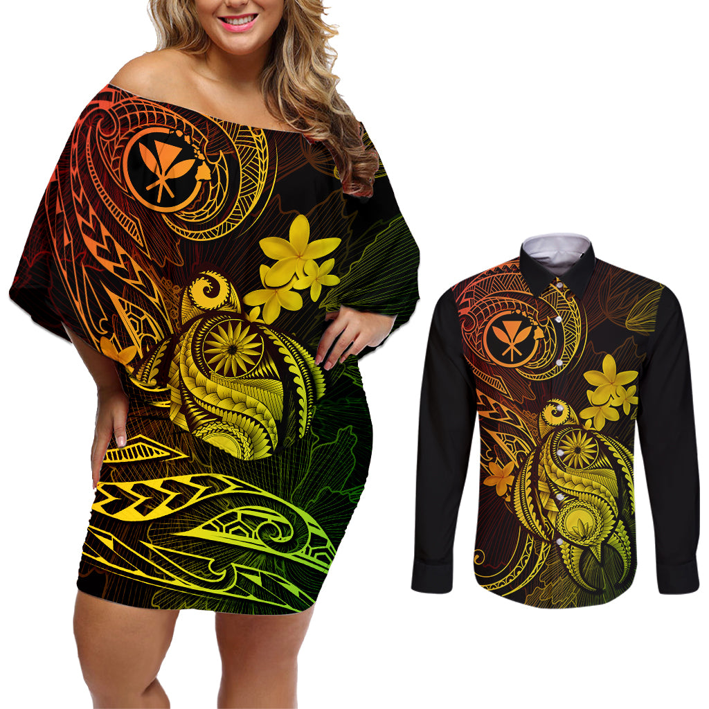 hawaii-couples-matching-off-shoulder-short-dress-and-long-sleeve-button-shirts-turtle-mix-polynesian-plumeria-reggae-version