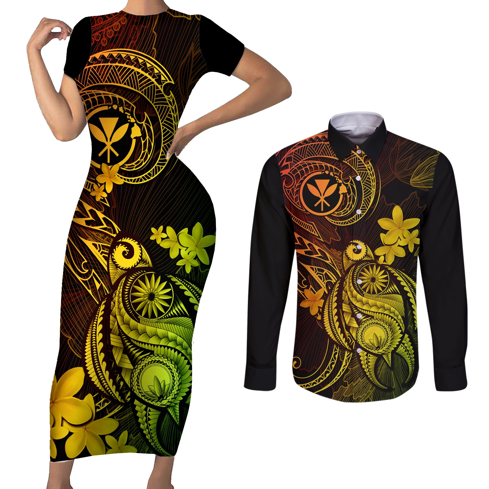 hawaii-couples-matching-short-sleeve-bodycon-dress-and-long-sleeve-button-shirts-turtle-mix-polynesian-plumeria-reggae-version
