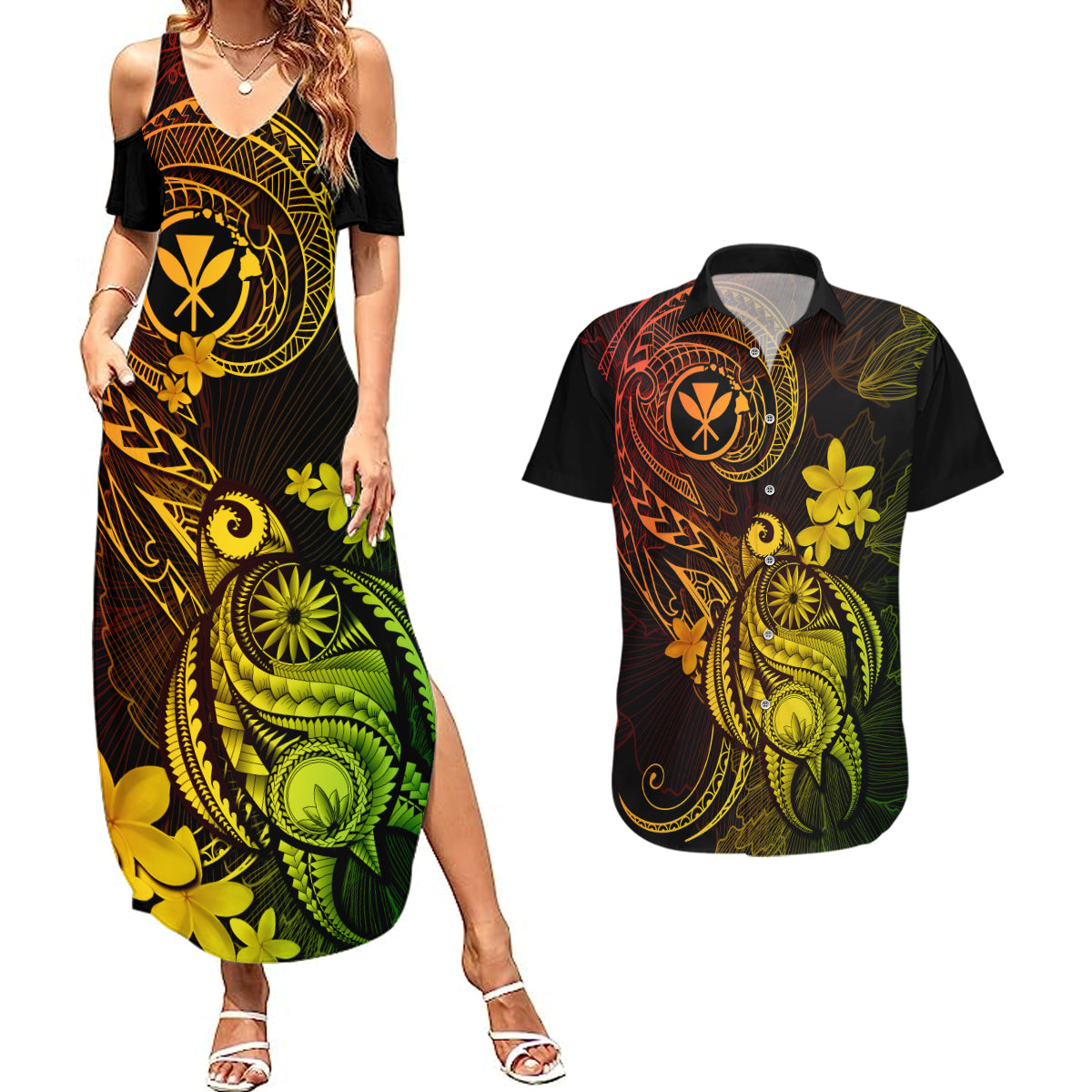 hawaii-couples-matching-summer-maxi-dress-and-hawaiian-shirt-turtle-mix-polynesian-plumeria-reggae-version