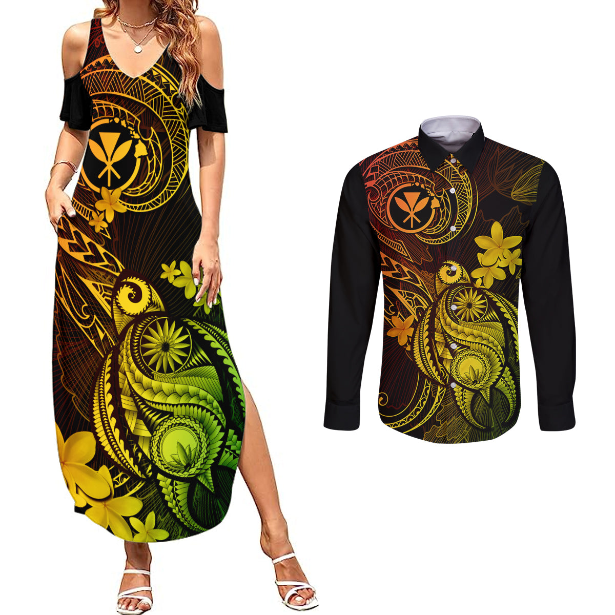 hawaii-couples-matching-summer-maxi-dress-and-long-sleeve-button-shirts-turtle-mix-polynesian-plumeria-reggae-version