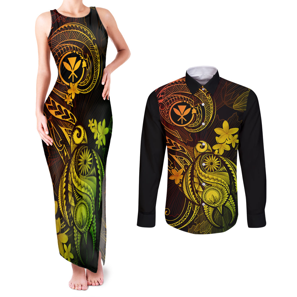 hawaii-couples-matching-tank-maxi-dress-and-long-sleeve-button-shirts-turtle-mix-polynesian-plumeria-reggae-version