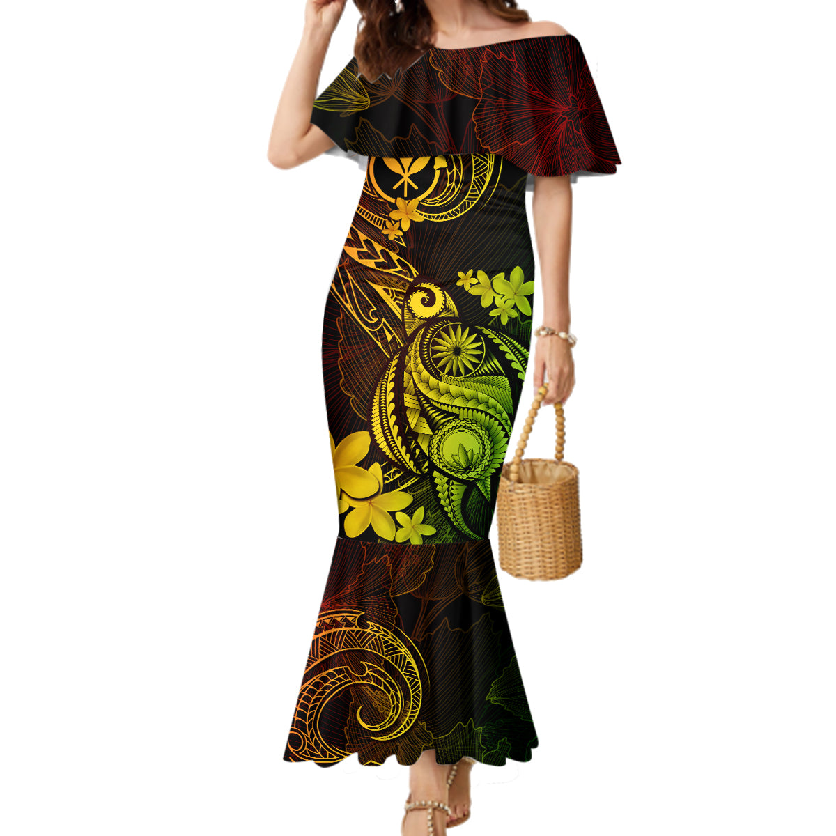 Hawaii Family Matching Mermaid Dress and Hawaiian Shirt Turtle Mix Polynesian Plumeria Reggae Version LT14 Mom's Dress Reggae - Polynesian Pride