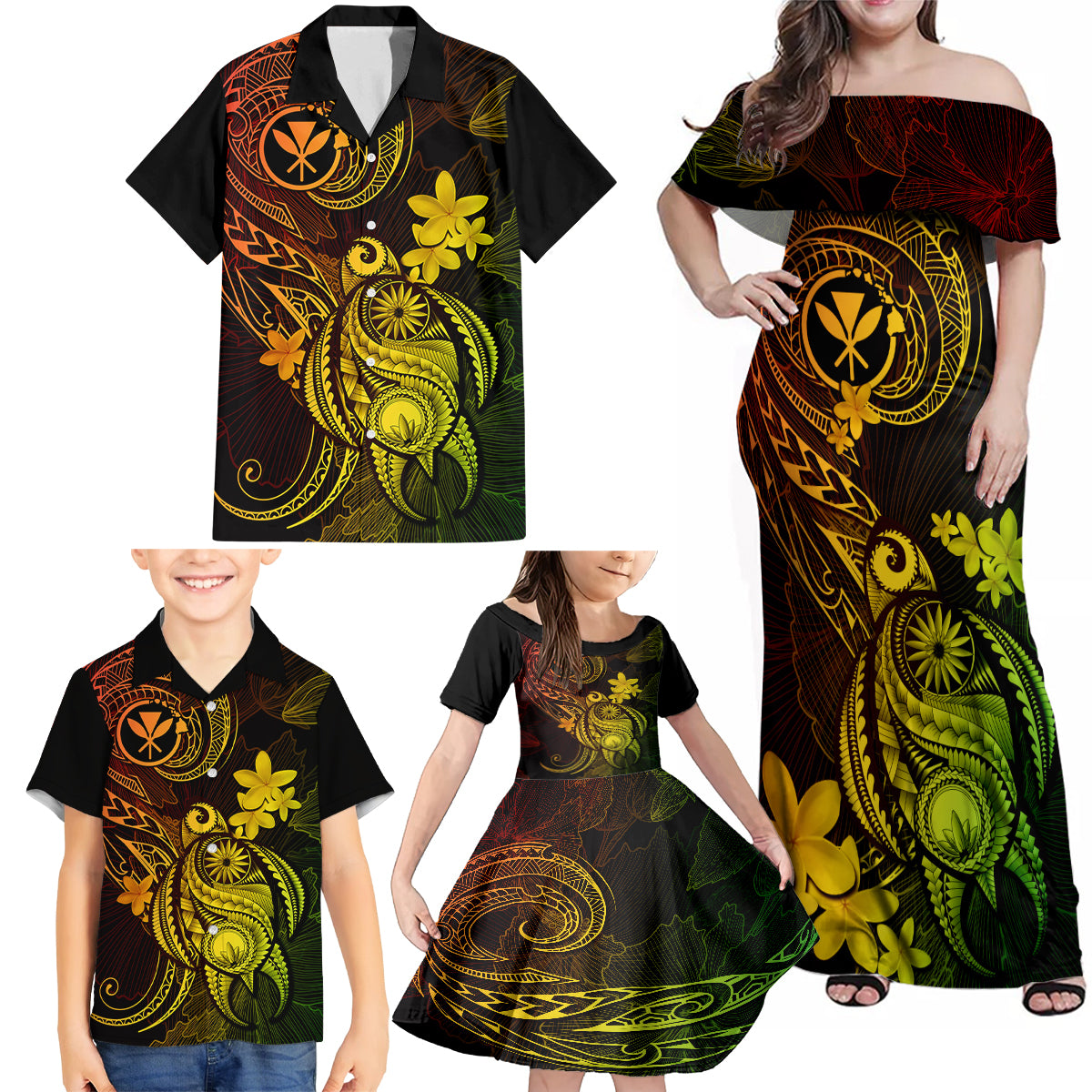 Hawaii Family Matching Off Shoulder Maxi Dress and Hawaiian Shirt Turtle Mix Polynesian Plumeria Reggae Version LT14 - Polynesian Pride