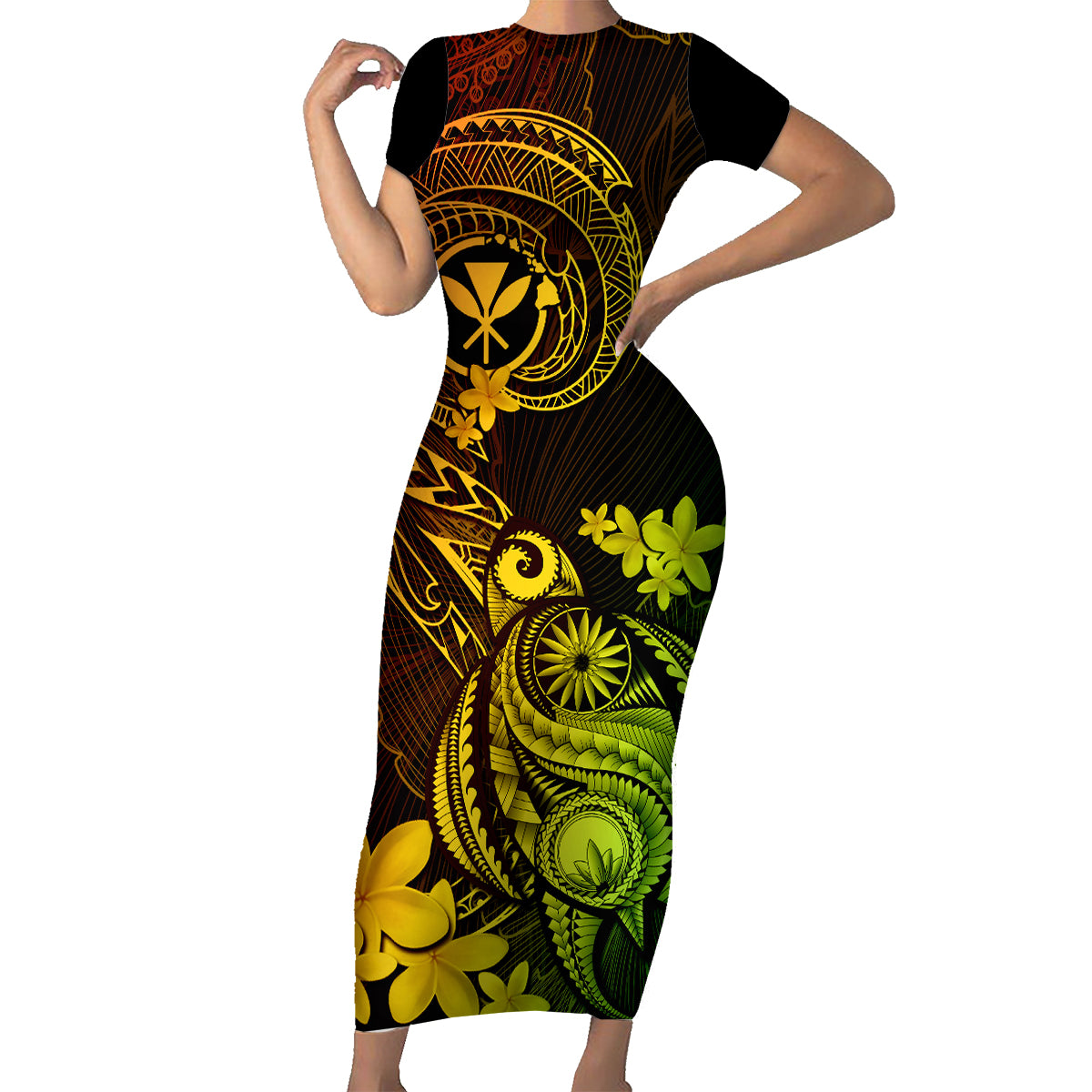 hawaii-family-matching-short-sleeve-bodycon-dress-and-hawaiian-shirt-turtle-mix-polynesian-plumeria-reggae-version