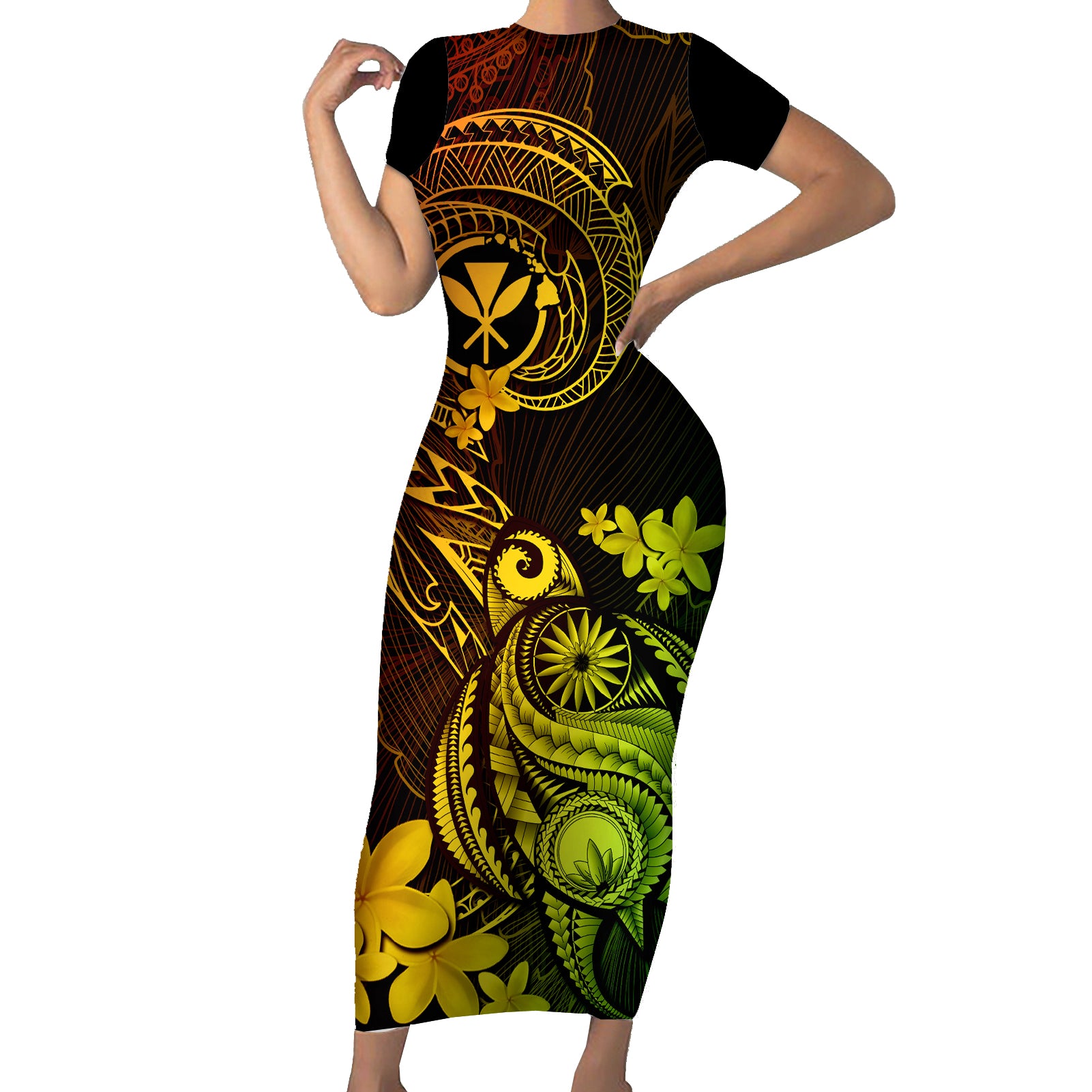 hawaii-short-sleeve-bodycon-dress-turtle-mix-polynesian-plumeria-reggae-version