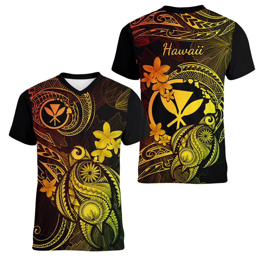 hawaii-women-v-neck-t-shirt-turtle-mix-polynesian-plumeria-reggae-version