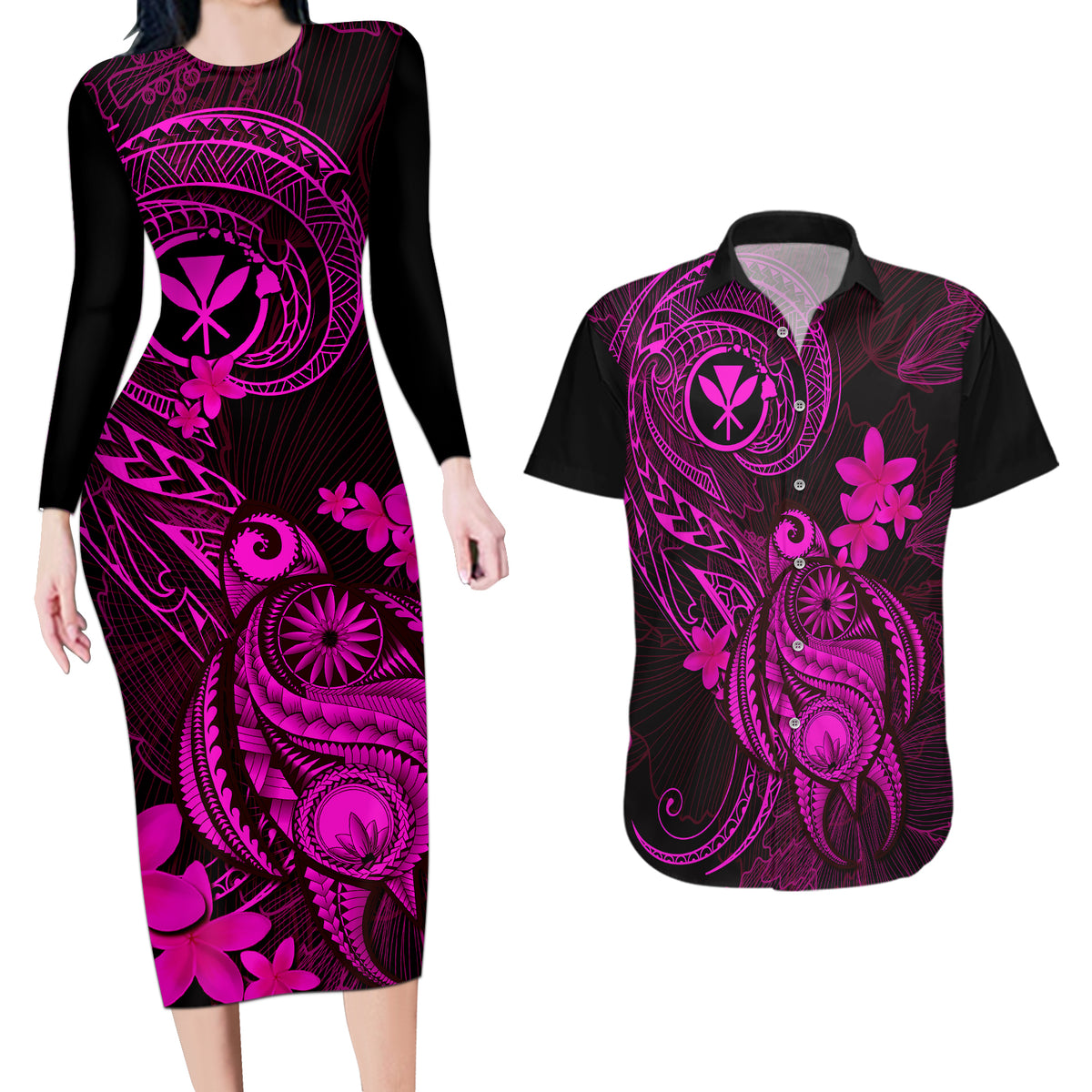 Hawaii Couples Matching Long Sleeve Bodycon Dress and Hawaiian Shirt Turtle Mix Polynesian Plumeria Pink Version LT14 Pink - Polynesian Pride
