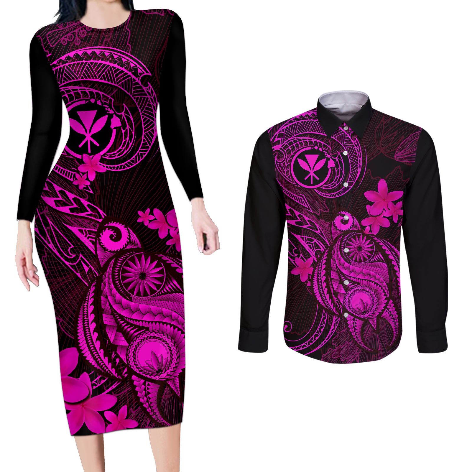 hawaii-couples-matching-long-sleeve-bodycon-dress-and-long-sleeve-button-shirts-turtle-mix-polynesian-plumeria-pink-version