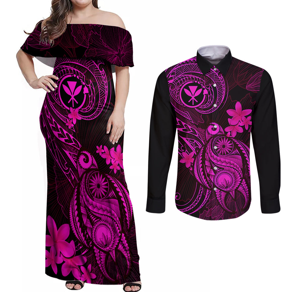 hawaii-couples-matching-off-shoulder-maxi-dress-and-long-sleeve-button-shirts-turtle-mix-polynesian-plumeria-pink-version