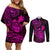hawaii-couples-matching-off-shoulder-short-dress-and-long-sleeve-button-shirts-turtle-mix-polynesian-plumeria-pink-version