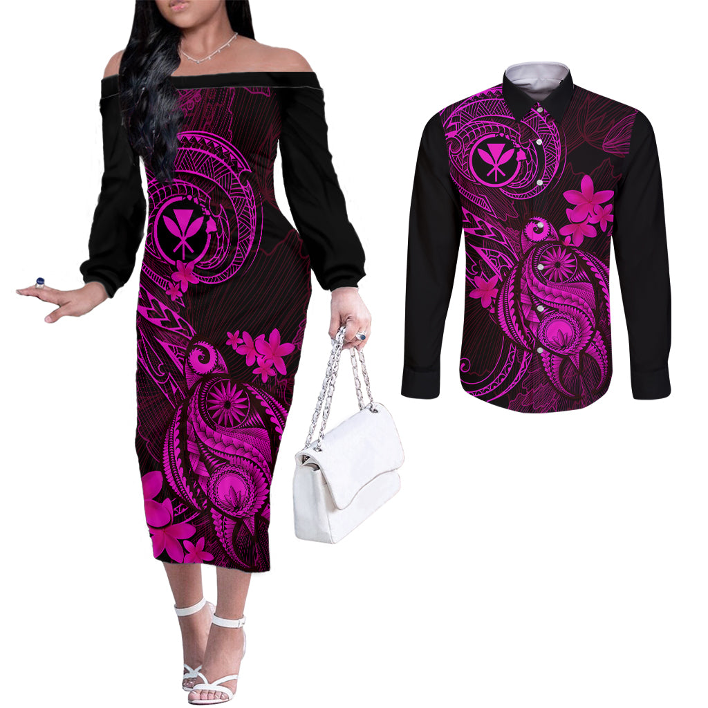hawaii-couples-matching-off-the-shoulder-long-sleeve-dress-and-long-sleeve-button-shirts-turtle-mix-polynesian-plumeria-pink-version