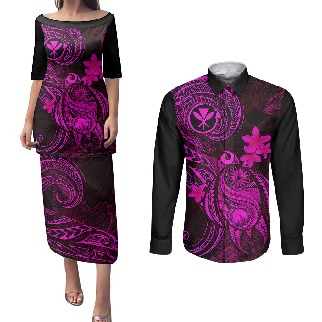 hawaii-couples-matching-puletasi-dress-and-long-sleeve-button-shirts-turtle-mix-polynesian-plumeria-pink-version