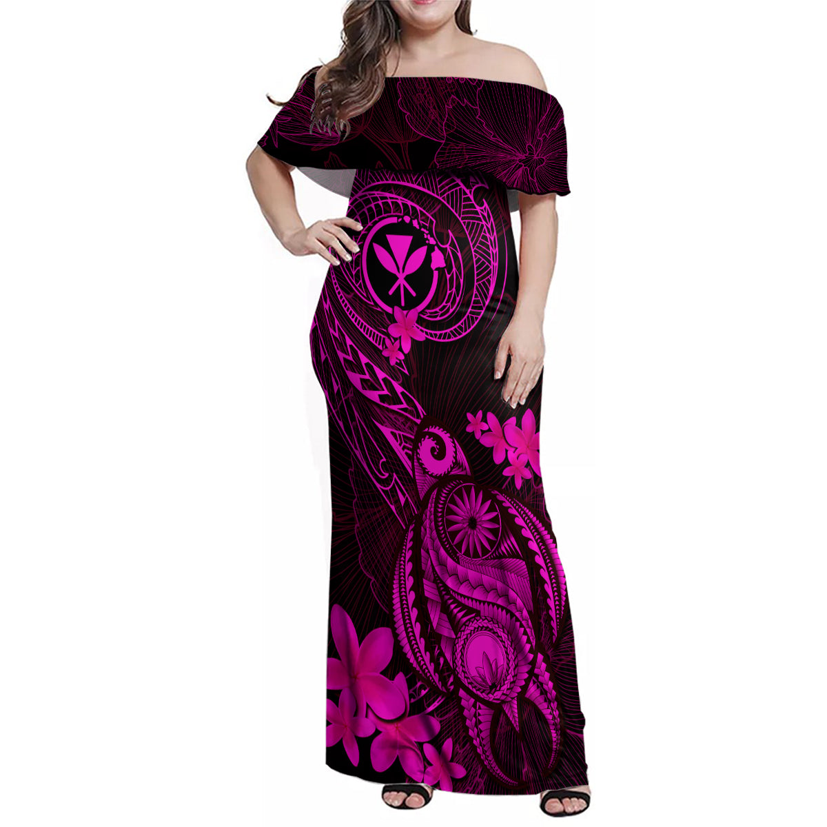 Hawaii Family Matching Off Shoulder Maxi Dress and Hawaiian Shirt Turtle Mix Polynesian Plumeria Pink Version LT14 Mom's Dress Pink - Polynesian Pride