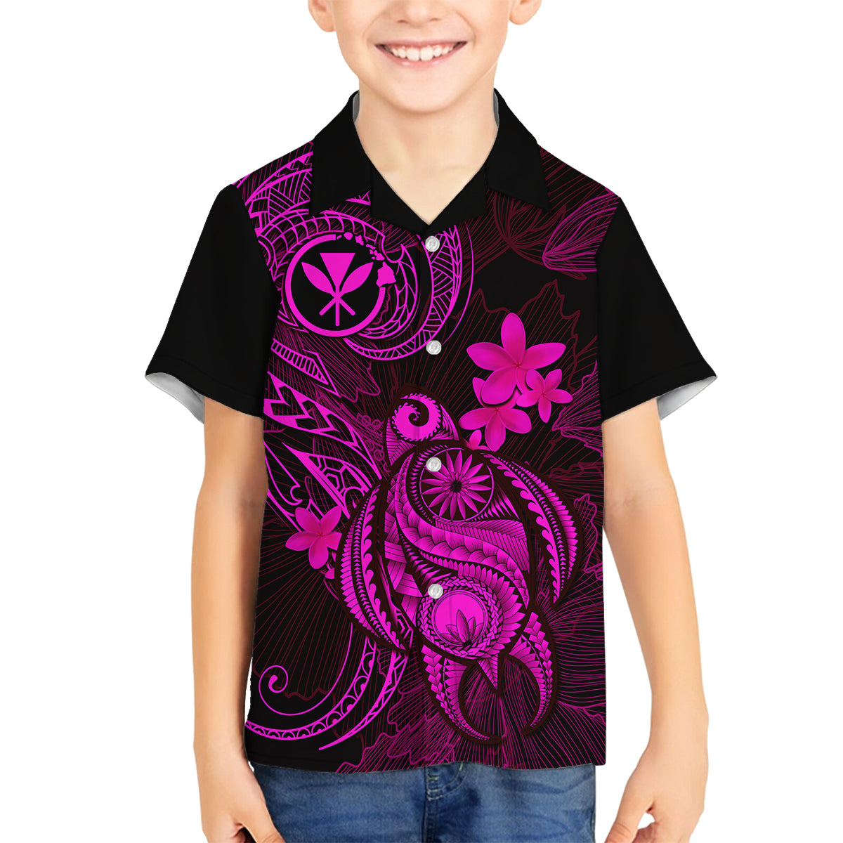 Hawaii Family Matching Off Shoulder Maxi Dress and Hawaiian Shirt Turtle Mix Polynesian Plumeria Pink Version LT14 Son's Shirt Pink - Polynesian Pride