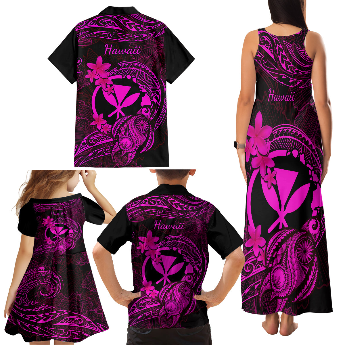 Hawaii Family Matching Tank Maxi Dress and Hawaiian Shirt Turtle Mix Polynesian Plumeria Pink Version LT14 - Polynesian Pride