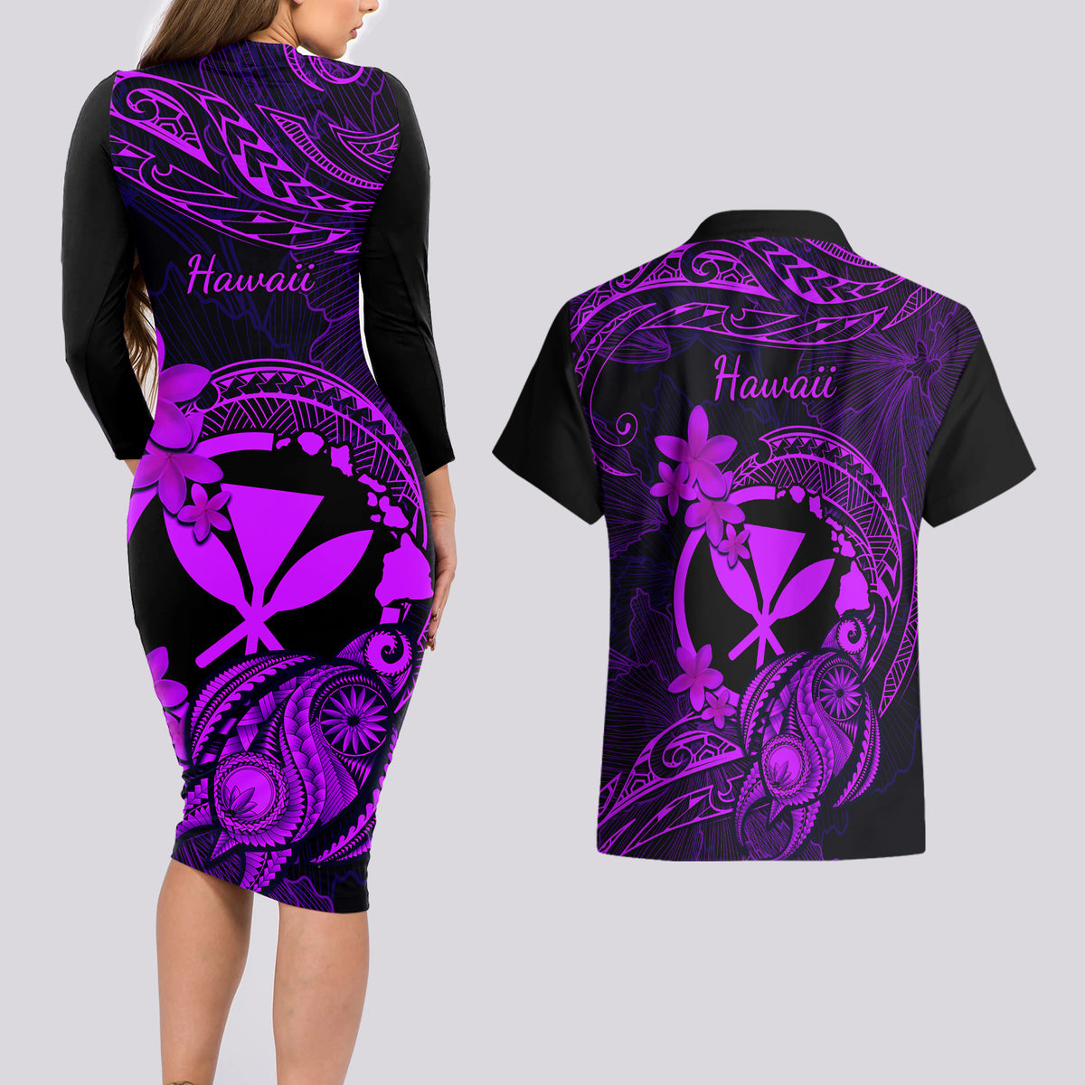 Hawaii Couples Matching Long Sleeve Bodycon Dress and Hawaiian Shirt Turtle Mix Polynesian Plumeria Purple Version LT14 - Polynesian Pride