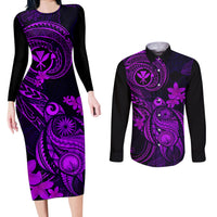 Hawaii Couples Matching Long Sleeve Bodycon Dress and Long Sleeve Button Shirts Turtle Mix Polynesian Plumeria Purple Version LT14 Purple - Polynesian Pride