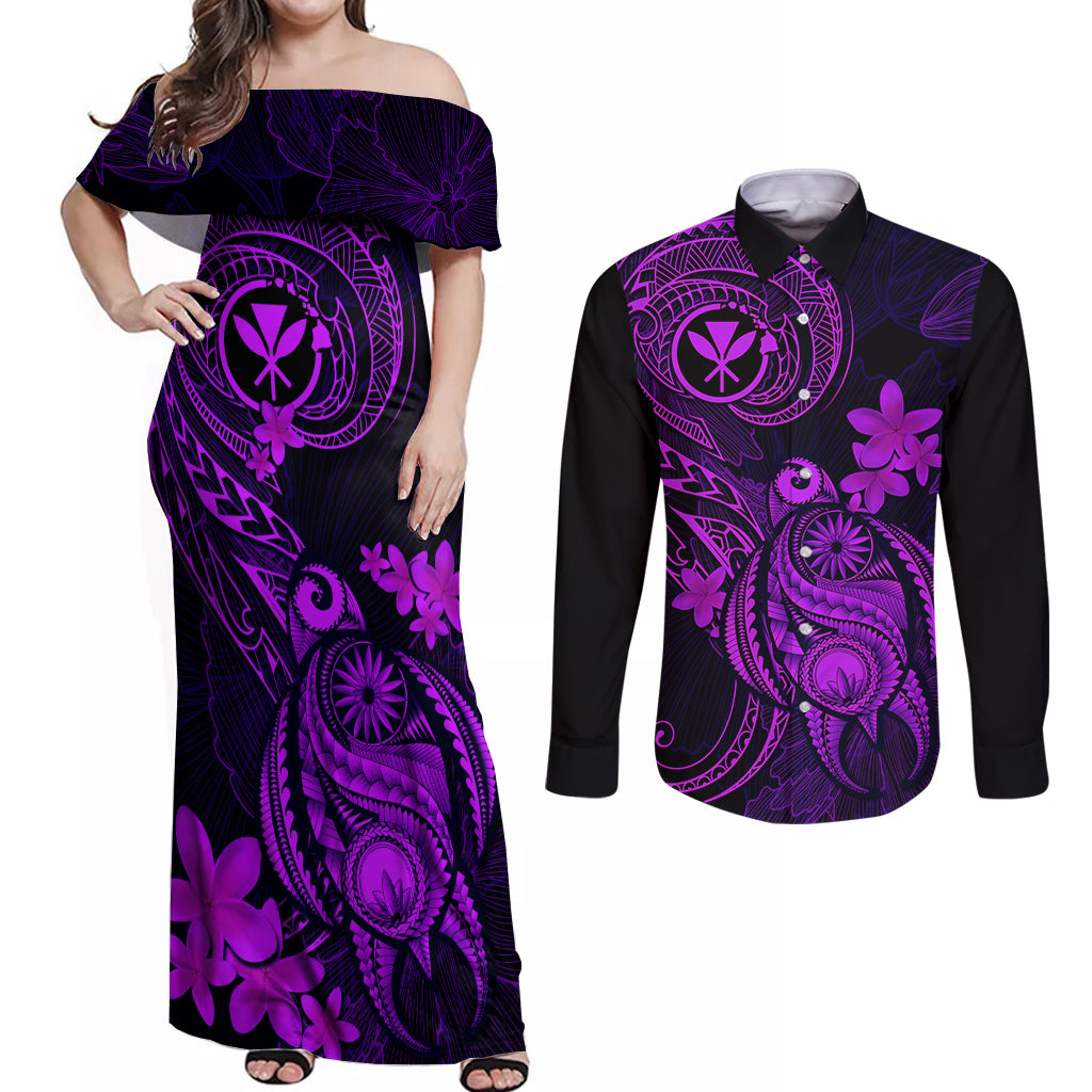 hawaii-couples-matching-off-shoulder-maxi-dress-and-long-sleeve-button-shirts-turtle-mix-polynesian-plumeria-purple-version