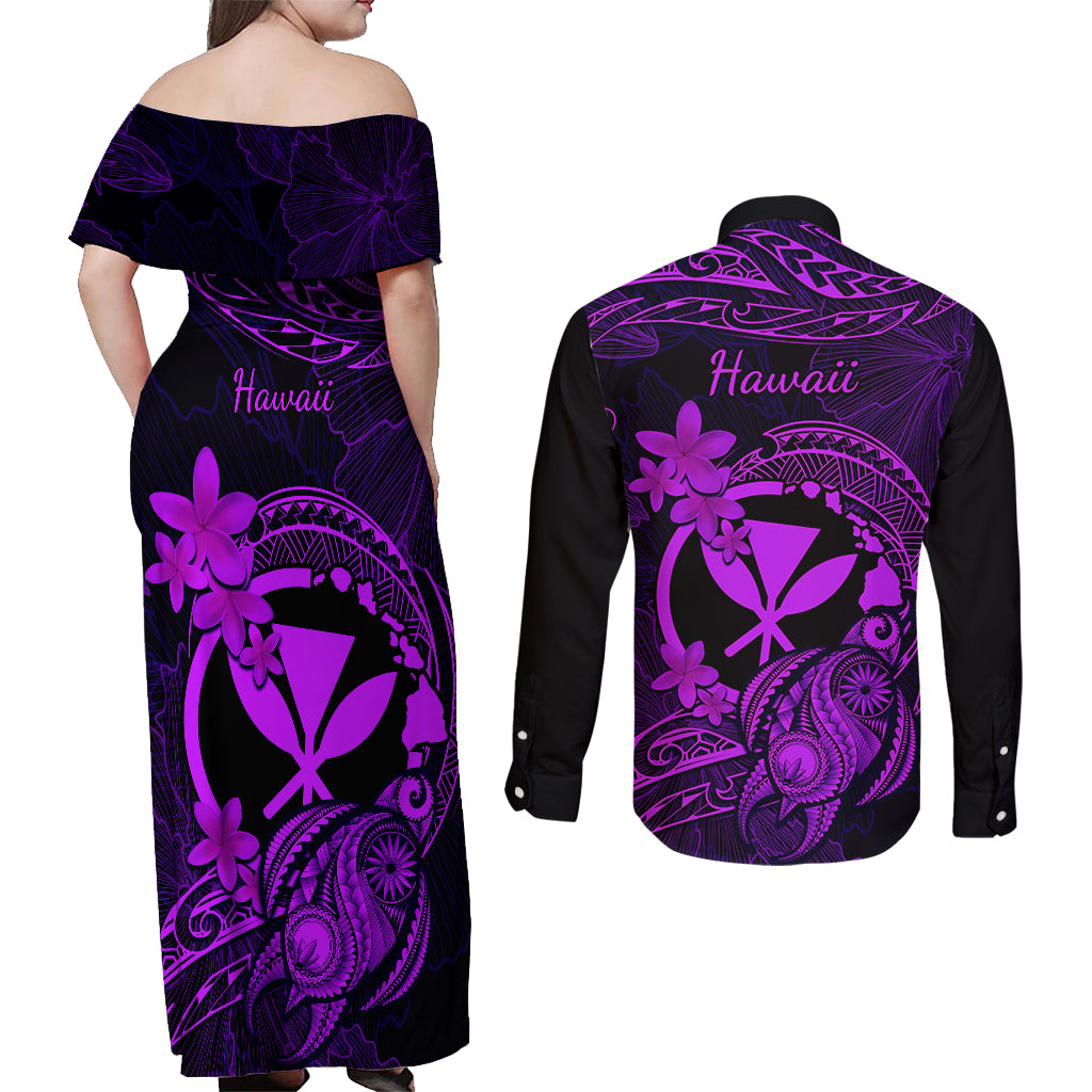 hawaii-couples-matching-off-shoulder-maxi-dress-and-long-sleeve-button-shirts-turtle-mix-polynesian-plumeria-purple-version