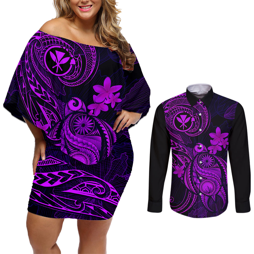 hawaii-couples-matching-off-shoulder-short-dress-and-long-sleeve-button-shirts-turtle-mix-polynesian-plumeria-purple-version