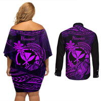 hawaii-couples-matching-off-shoulder-short-dress-and-long-sleeve-button-shirts-turtle-mix-polynesian-plumeria-purple-version