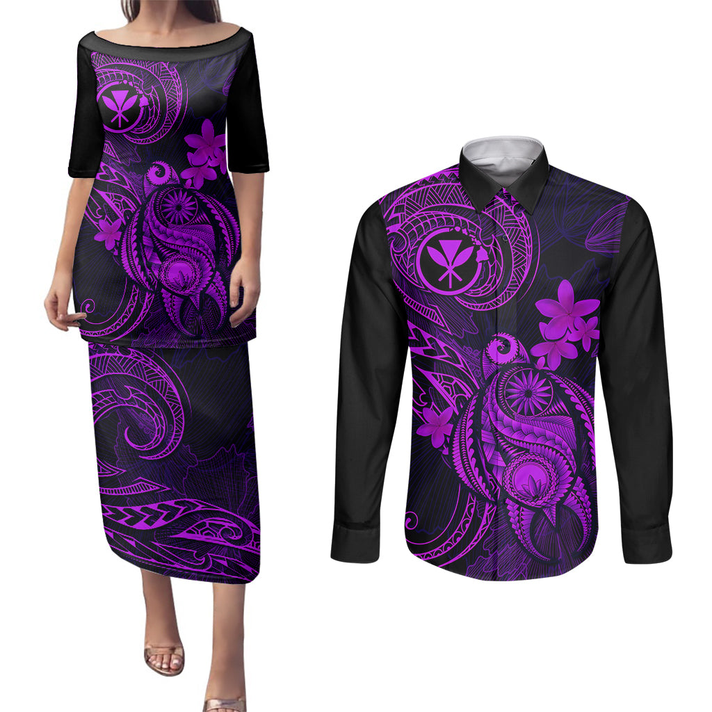 hawaii-couples-matching-puletasi-dress-and-long-sleeve-button-shirts-turtle-mix-polynesian-plumeria-purple-version