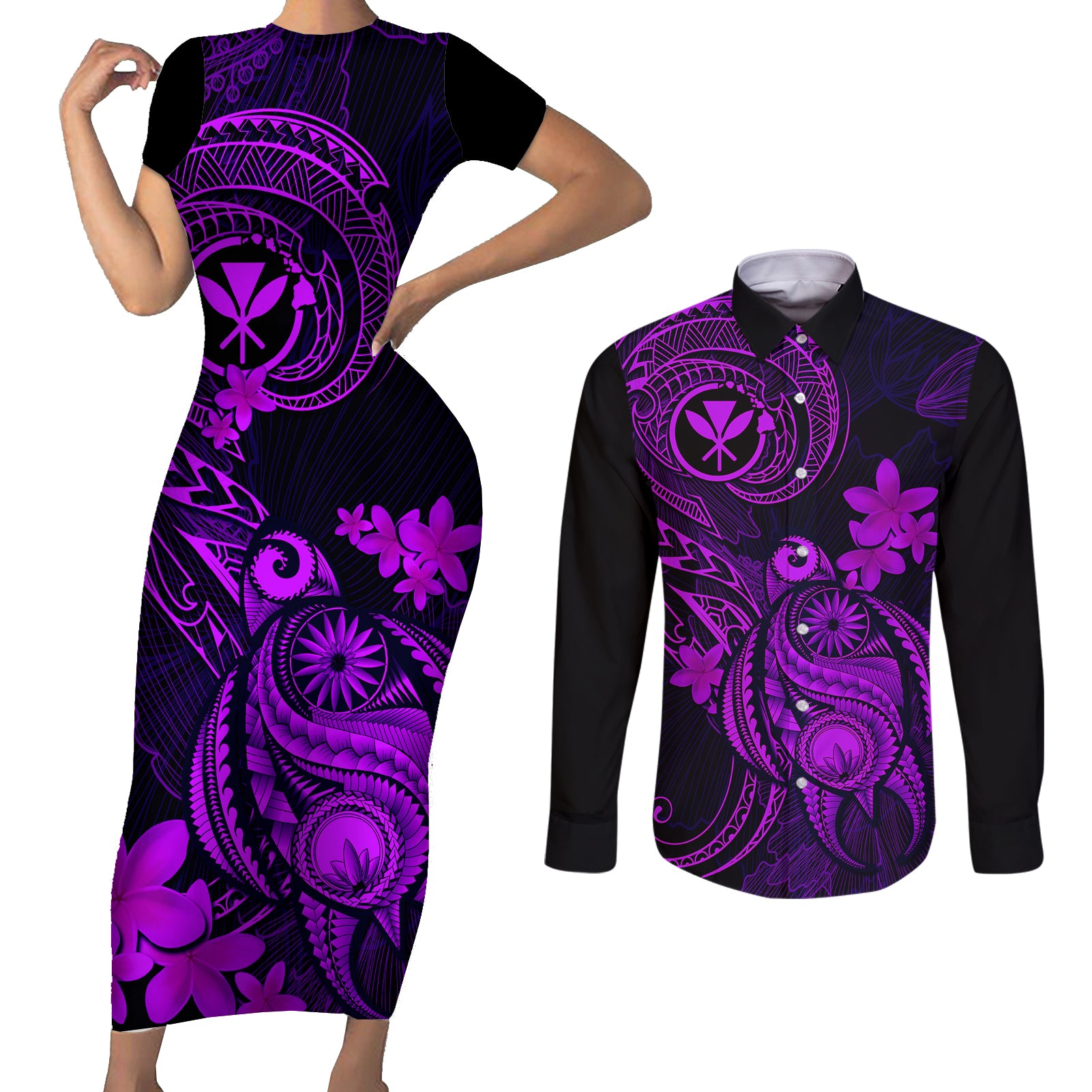 hawaii-couples-matching-short-sleeve-bodycon-dress-and-long-sleeve-button-shirts-turtle-mix-polynesian-plumeria-purple-version