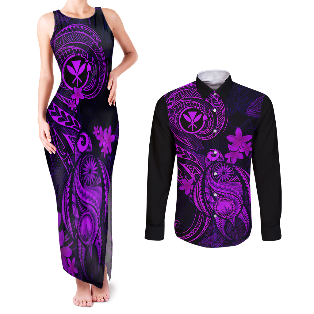 hawaii-couples-matching-tank-maxi-dress-and-long-sleeve-button-shirts-turtle-mix-polynesian-plumeria-purple-version