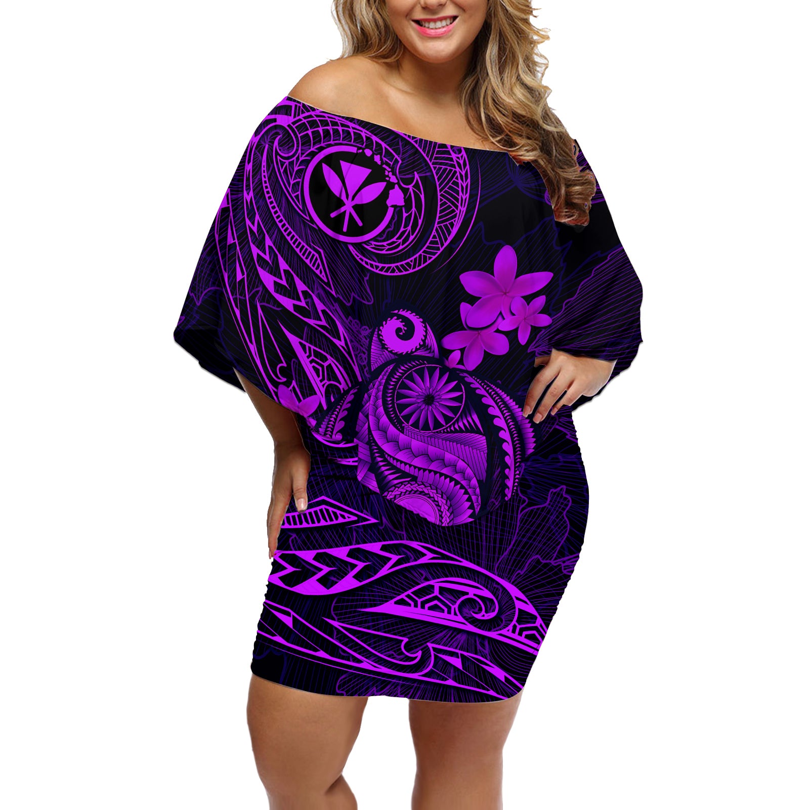 hawaii-off-shoulder-short-dress-turtle-mix-polynesian-plumeria-purple-version