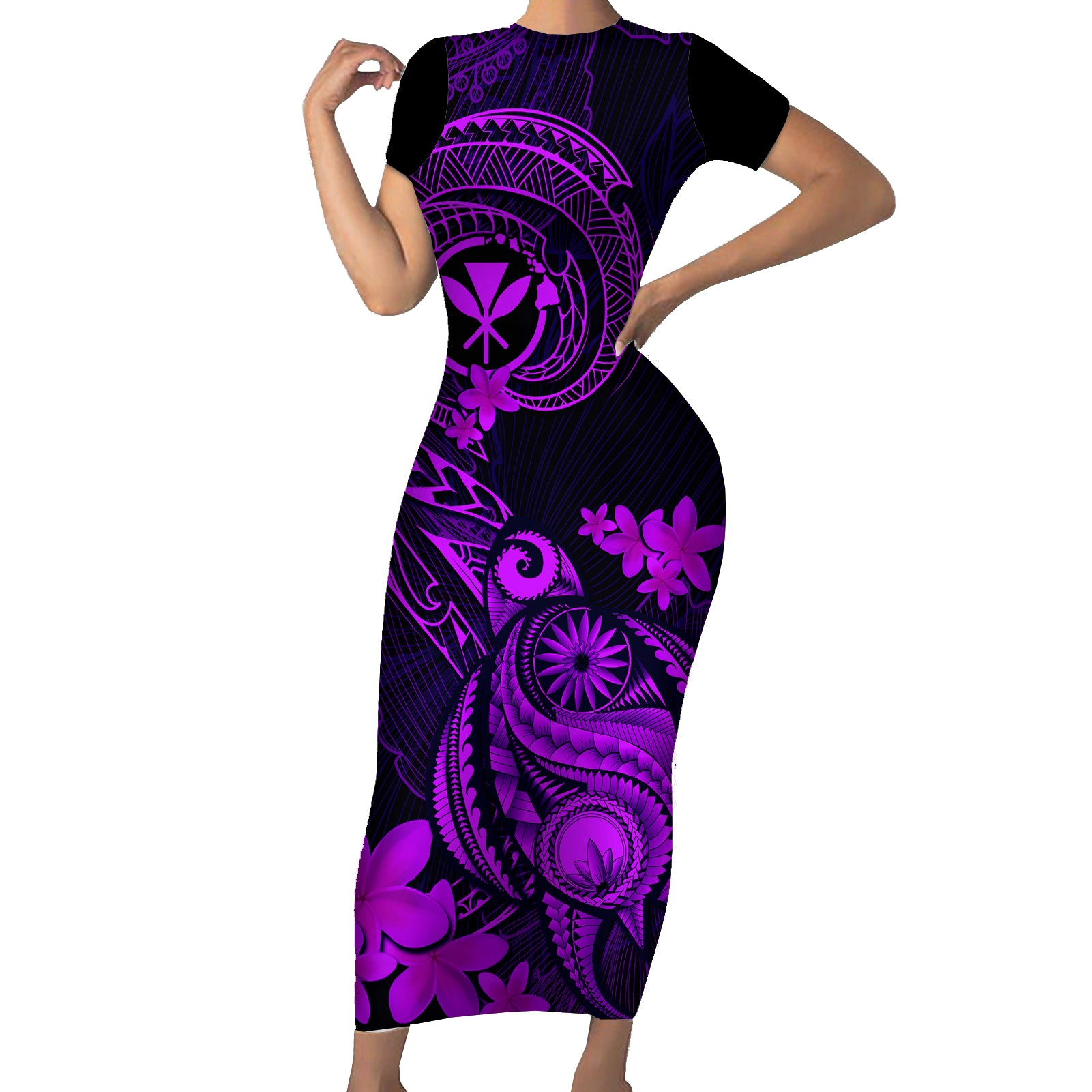 hawaii-short-sleeve-bodycon-dress-turtle-mix-polynesian-plumeria-purple-version