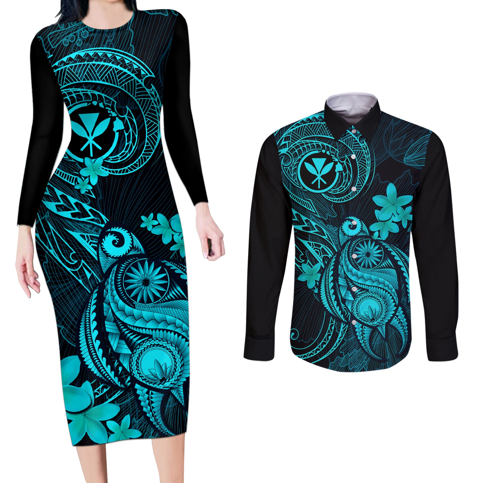 hawaii-couples-matching-long-sleeve-bodycon-dress-and-long-sleeve-button-shirts-turtle-mix-polynesian-plumeria-turquoise-version
