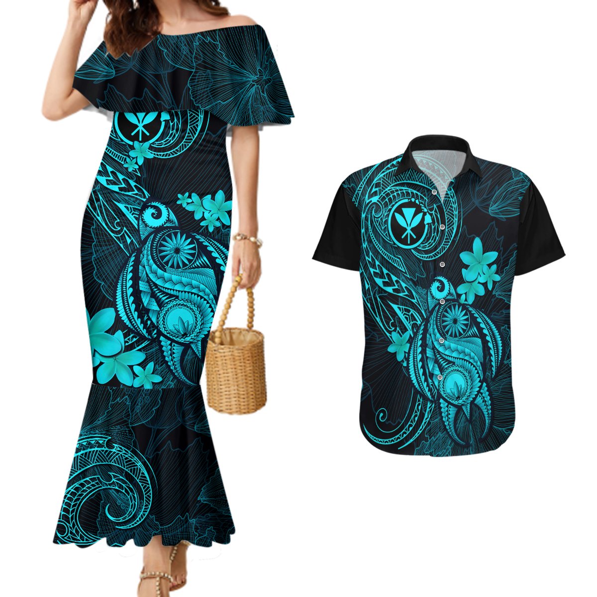 Hawaii Couples Matching Mermaid Dress and Hawaiian Shirt Turtle Mix Polynesian Plumeria Turquoise Version LT14 Turquoise - Polynesian Pride