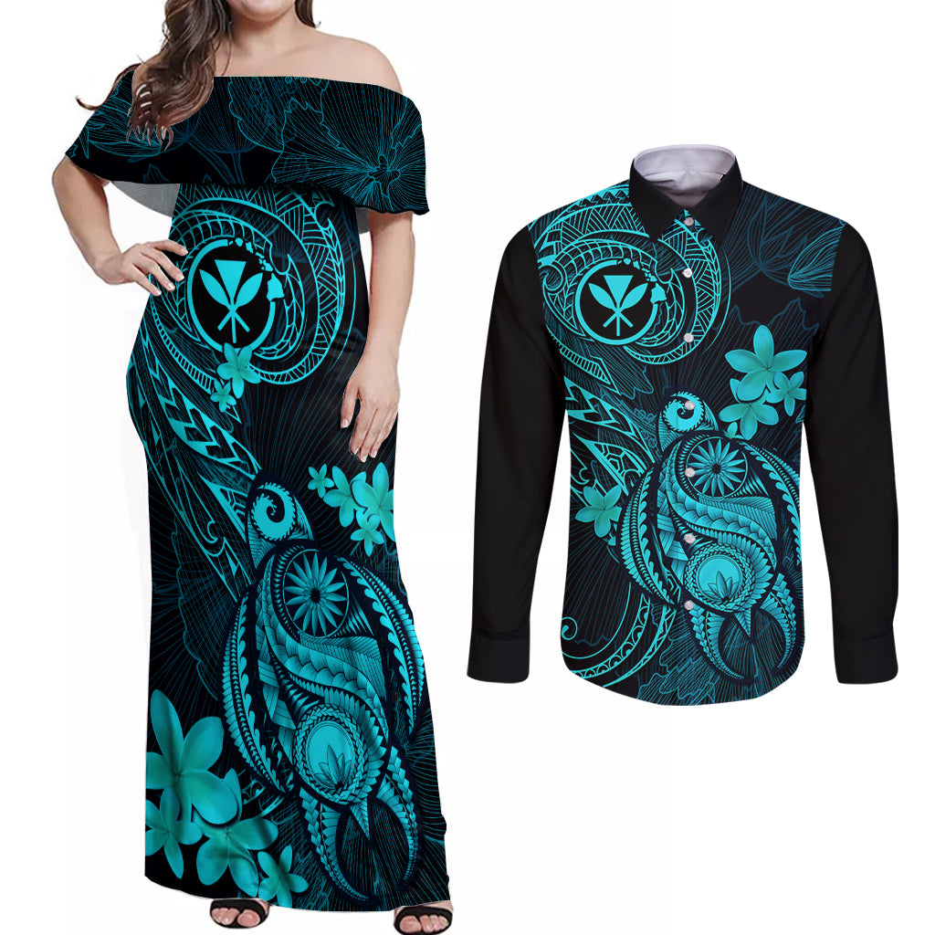 hawaii-couples-matching-off-shoulder-maxi-dress-and-long-sleeve-button-shirts-turtle-mix-polynesian-plumeria-turquoise-version