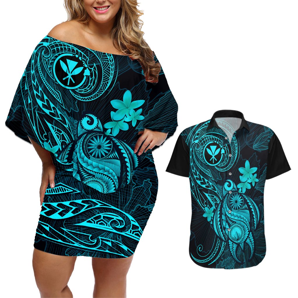 hawaii-couples-matching-off-shoulder-short-dress-and-hawaiian-shirt-turtle-mix-polynesian-plumeria-turquoise-version
