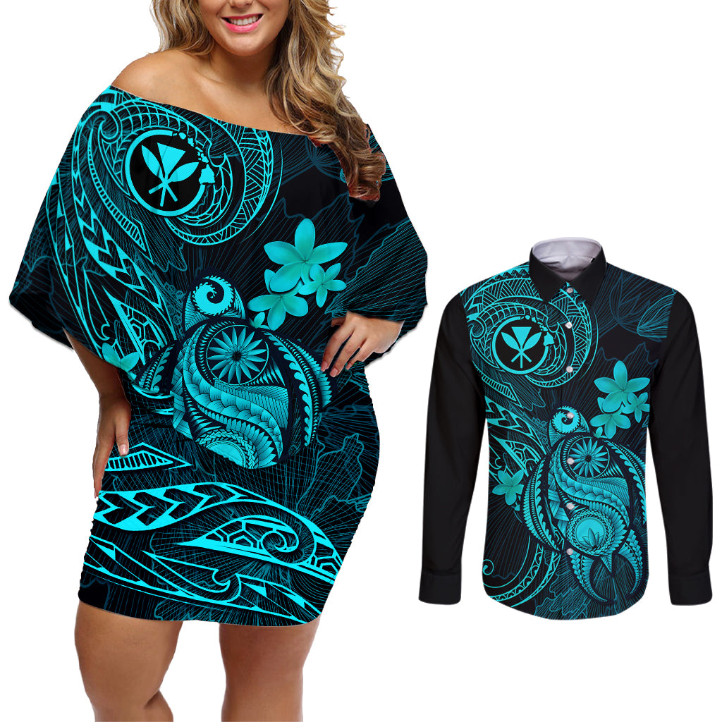 hawaii-couples-matching-off-shoulder-short-dress-and-long-sleeve-button-shirts-turtle-mix-polynesian-plumeria-turquoise-version