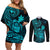 hawaii-couples-matching-off-shoulder-short-dress-and-long-sleeve-button-shirts-turtle-mix-polynesian-plumeria-turquoise-version