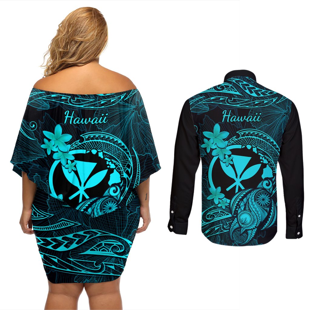 hawaii-couples-matching-off-shoulder-short-dress-and-long-sleeve-button-shirts-turtle-mix-polynesian-plumeria-turquoise-version