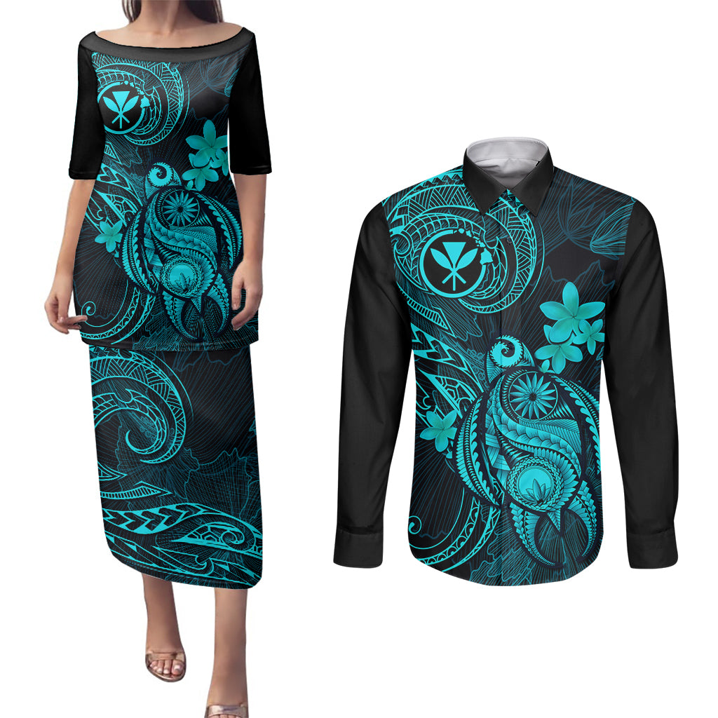 hawaii-couples-matching-puletasi-dress-and-long-sleeve-button-shirts-turtle-mix-polynesian-plumeria-turquoise-version