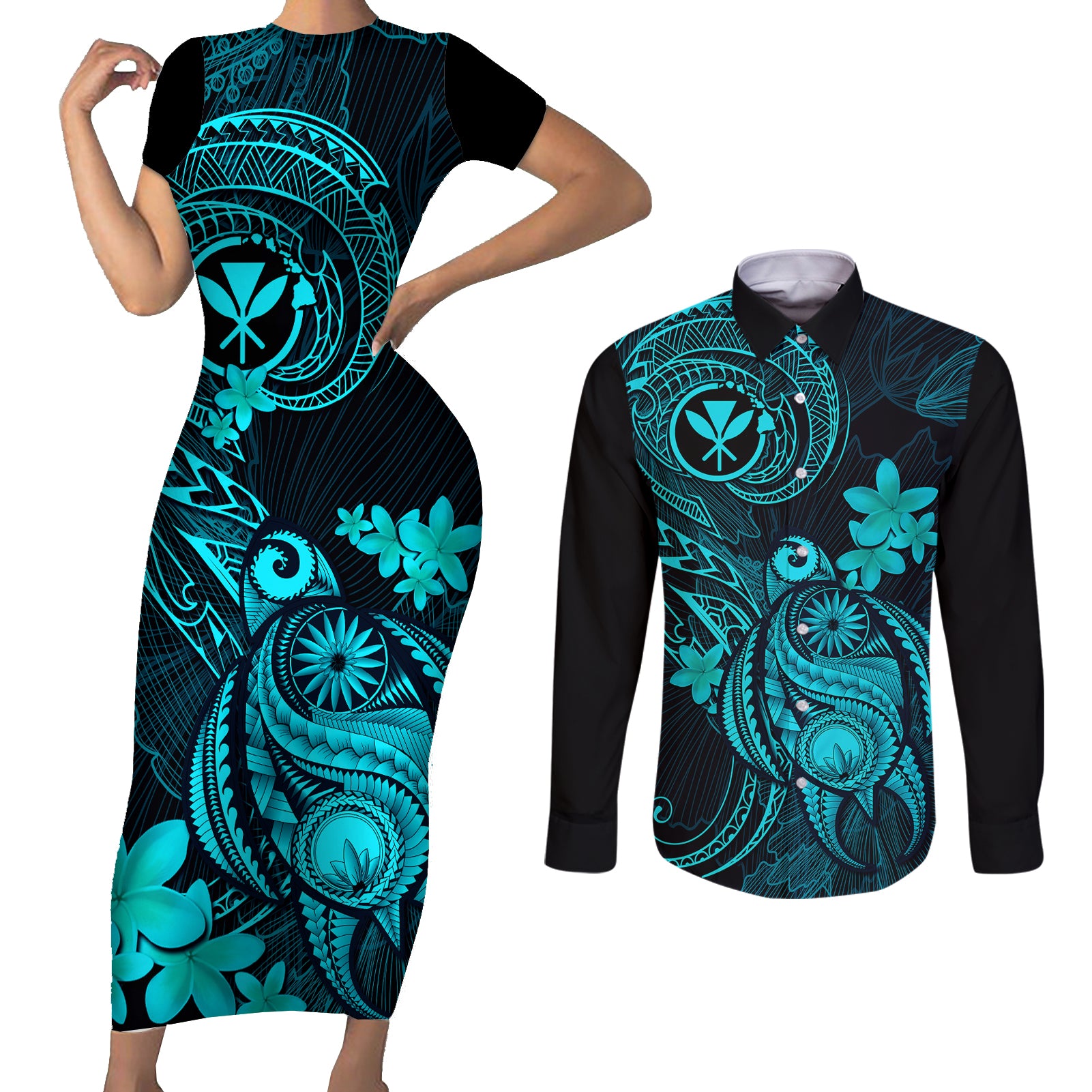 hawaii-couples-matching-short-sleeve-bodycon-dress-and-long-sleeve-button-shirts-turtle-mix-polynesian-plumeria-turquoise-version