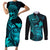hawaii-couples-matching-short-sleeve-bodycon-dress-and-long-sleeve-button-shirts-turtle-mix-polynesian-plumeria-turquoise-version