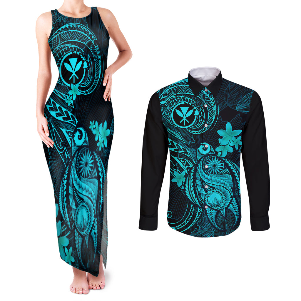 hawaii-couples-matching-tank-maxi-dress-and-long-sleeve-button-shirts-turtle-mix-polynesian-plumeria-turquoise-version