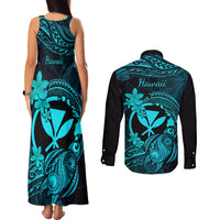 hawaii-couples-matching-tank-maxi-dress-and-long-sleeve-button-shirts-turtle-mix-polynesian-plumeria-turquoise-version