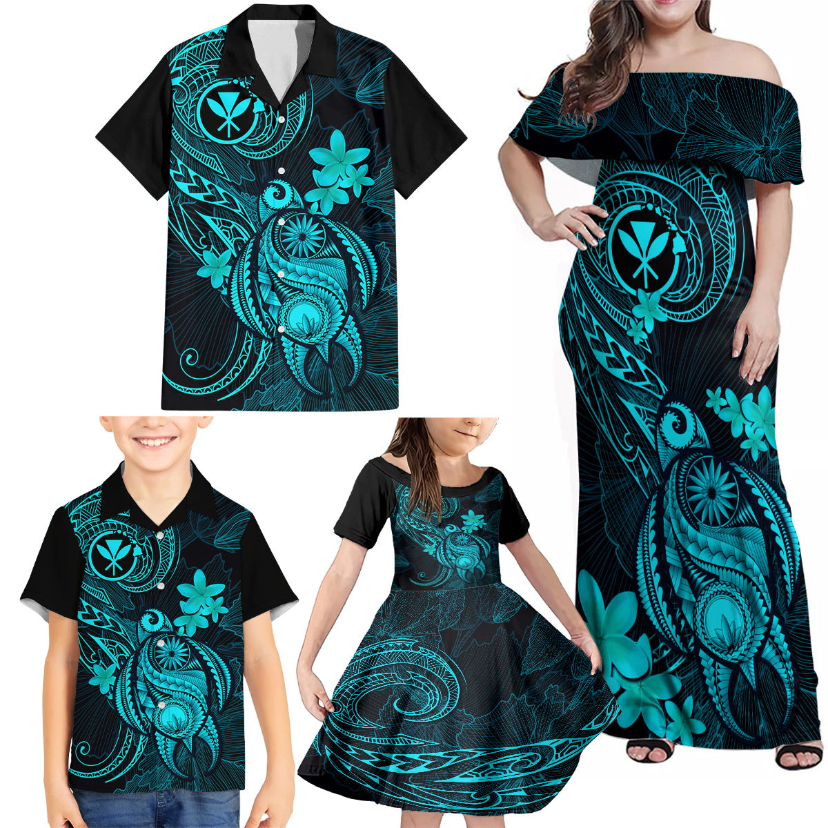 Hawaii Family Matching Off Shoulder Maxi Dress and Hawaiian Shirt Turtle Mix Polynesian Plumeria Turquoise Version LT14 - Polynesian Pride