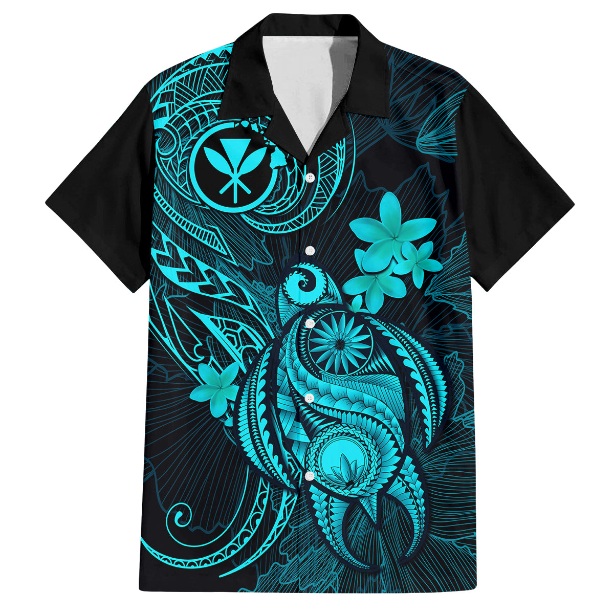 Hawaii Family Matching Off Shoulder Maxi Dress and Hawaiian Shirt Turtle Mix Polynesian Plumeria Turquoise Version LT14 Dad's Shirt - Short Sleeve Turquoise - Polynesian Pride