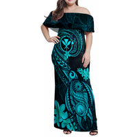 Hawaii Family Matching Off Shoulder Maxi Dress and Hawaiian Shirt Turtle Mix Polynesian Plumeria Turquoise Version LT14 Mom's Dress Turquoise - Polynesian Pride