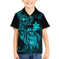 Hawaii Family Matching Off Shoulder Maxi Dress and Hawaiian Shirt Turtle Mix Polynesian Plumeria Turquoise Version LT14 Son's Shirt Turquoise - Polynesian Pride