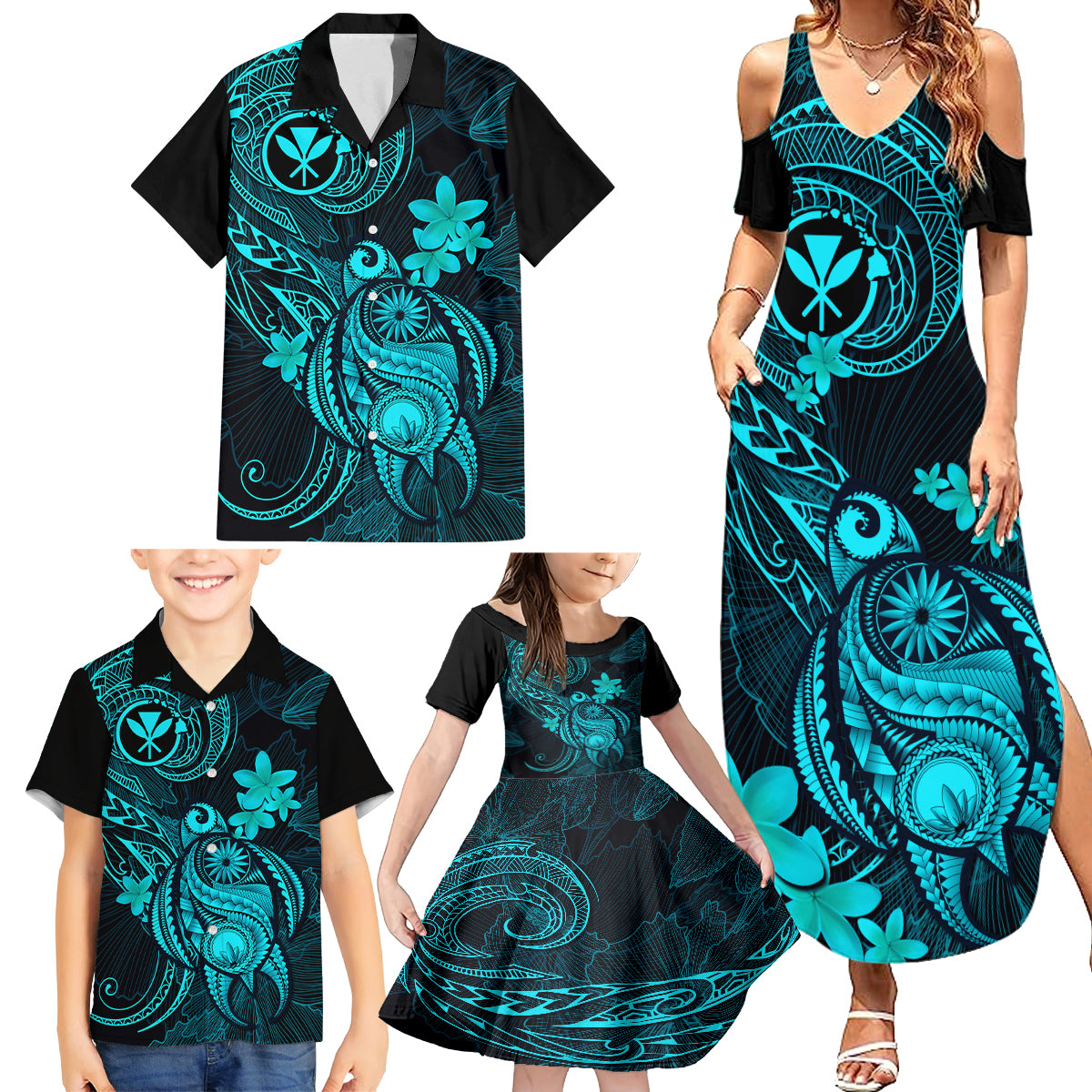 Hawaii Family Matching Summer Maxi Dress and Hawaiian Shirt Turtle Mix Polynesian Plumeria Turquoise Version LT14 - Polynesian Pride