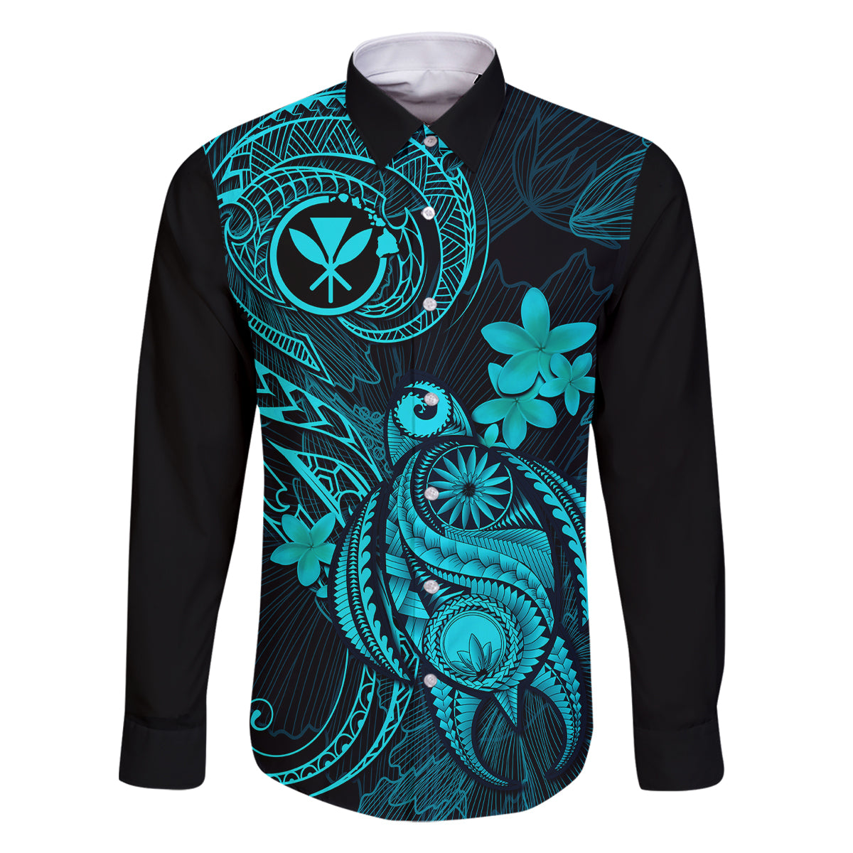 Hawaii Family Matching Tank Maxi Dress and Hawaiian Shirt Turtle Mix Polynesian Plumeria Turquoise Version LT14 Dad's Shirt - Long Sleeve Turquoise - Polynesian Pride