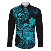 Hawaii Family Matching Tank Maxi Dress and Hawaiian Shirt Turtle Mix Polynesian Plumeria Turquoise Version LT14 Dad's Shirt - Long Sleeve Turquoise - Polynesian Pride